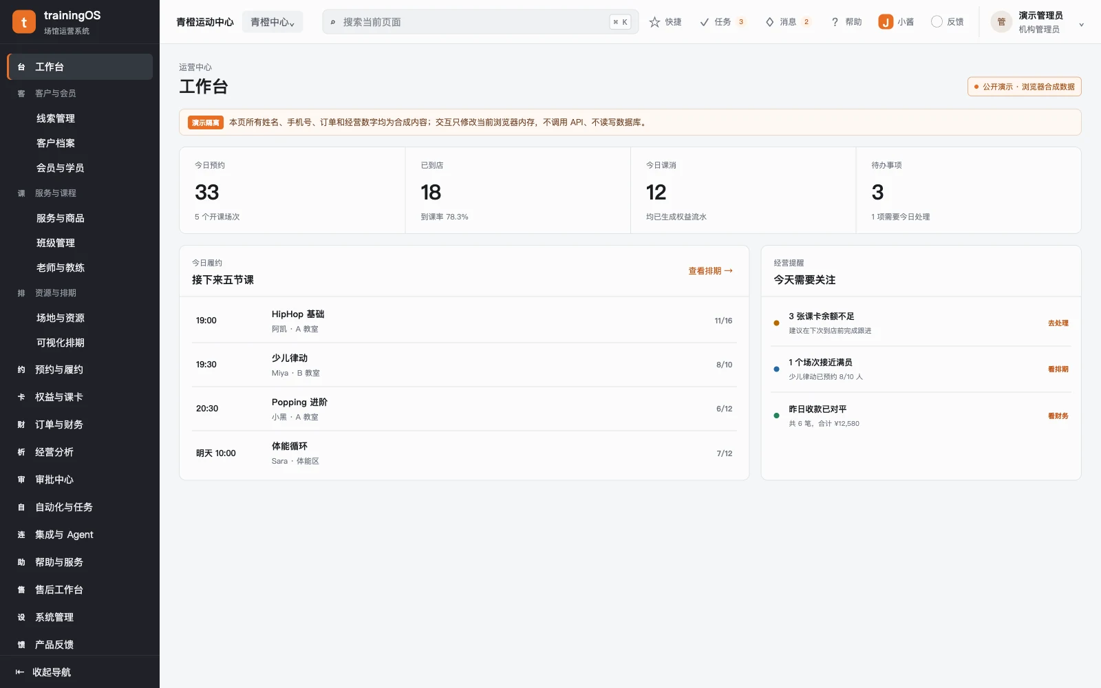 trainingOS 公开演示工作台，展示模拟机构数据
