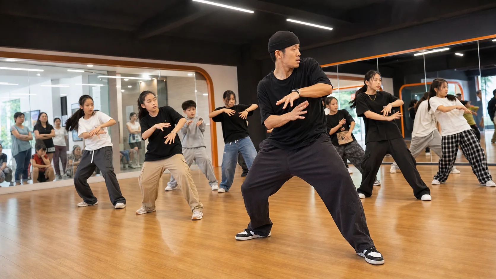 中国街舞机构老师带领青少年学员进行团课训练